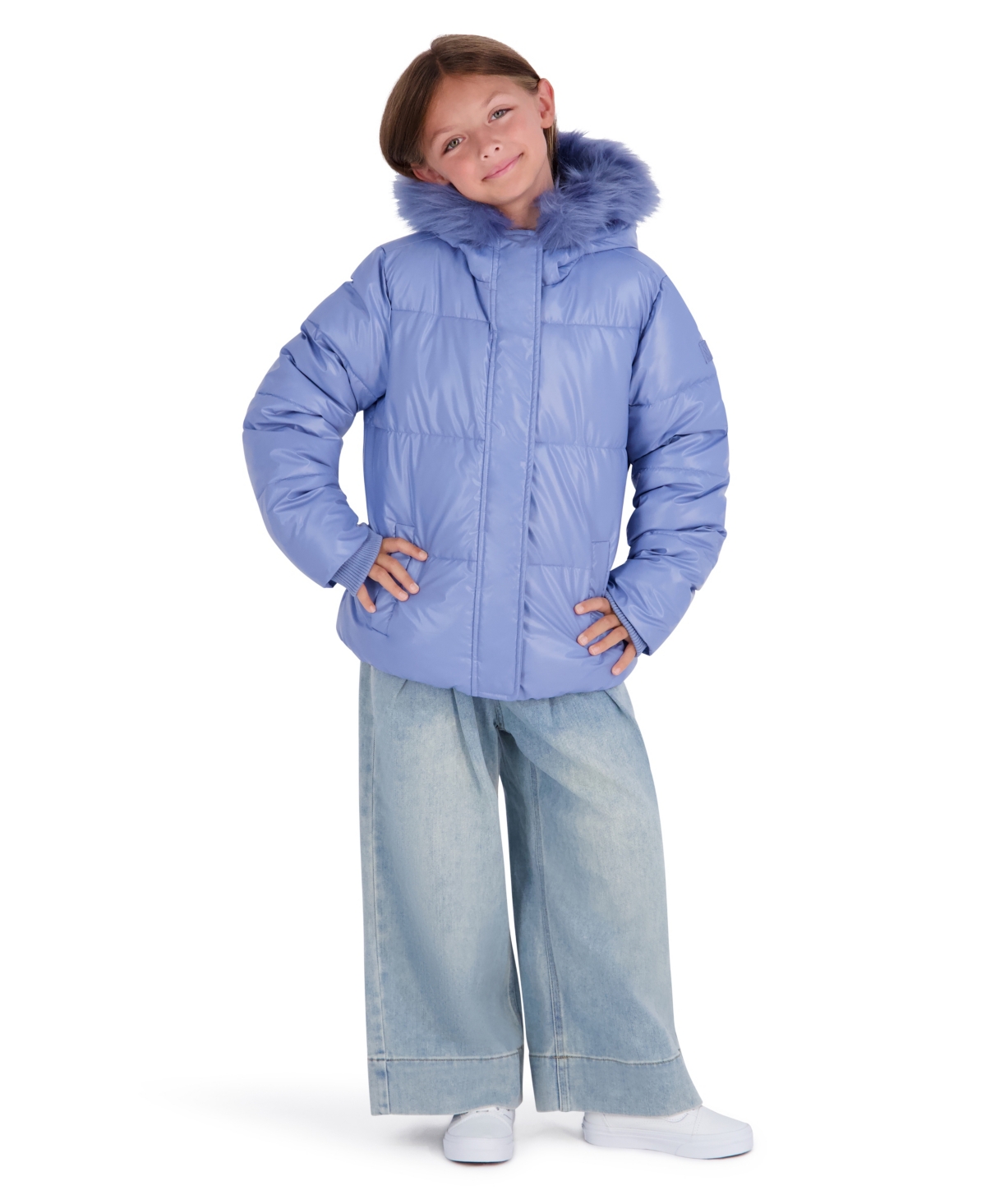 Steve Madden Girls' Xs-xl Liquid Fashion Hooded Puffer Jacket with Faux-Fur Trim - Cloudy Blue