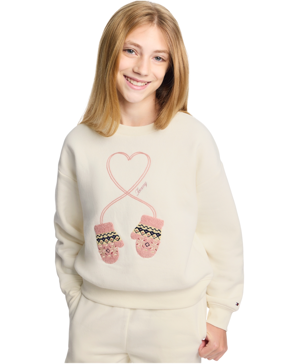 Tommy Hilfiger Girls' 7-16 Mitten Applique embroidered Drop-Shoulder Sweatshirt