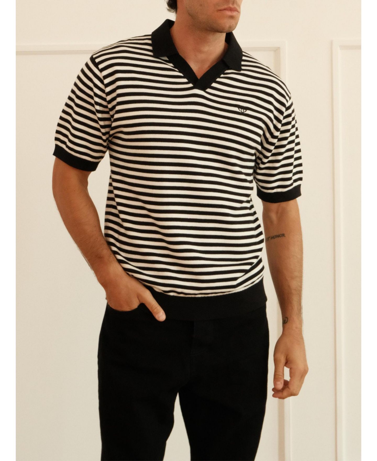 Мужское поло Walker & Hunt Milton Striped Short-Sleeve Polo, цвет: Чёрный / Кремовый — фото 5