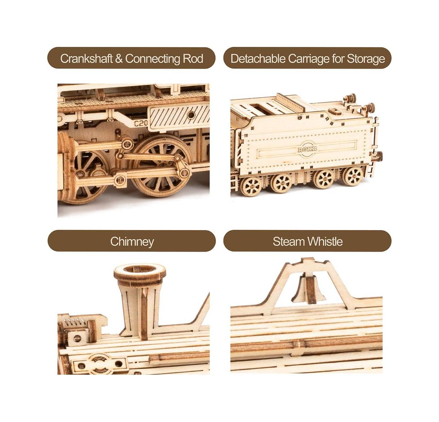 Детские конструкторы Robotime 3D Wooden Puzzle MC501 Steam Express Adults Train Model Kits-Brain Teaser Puzzles Vehicle Building Kits-Unique Gift for Teens on Birthday Day — фото 4