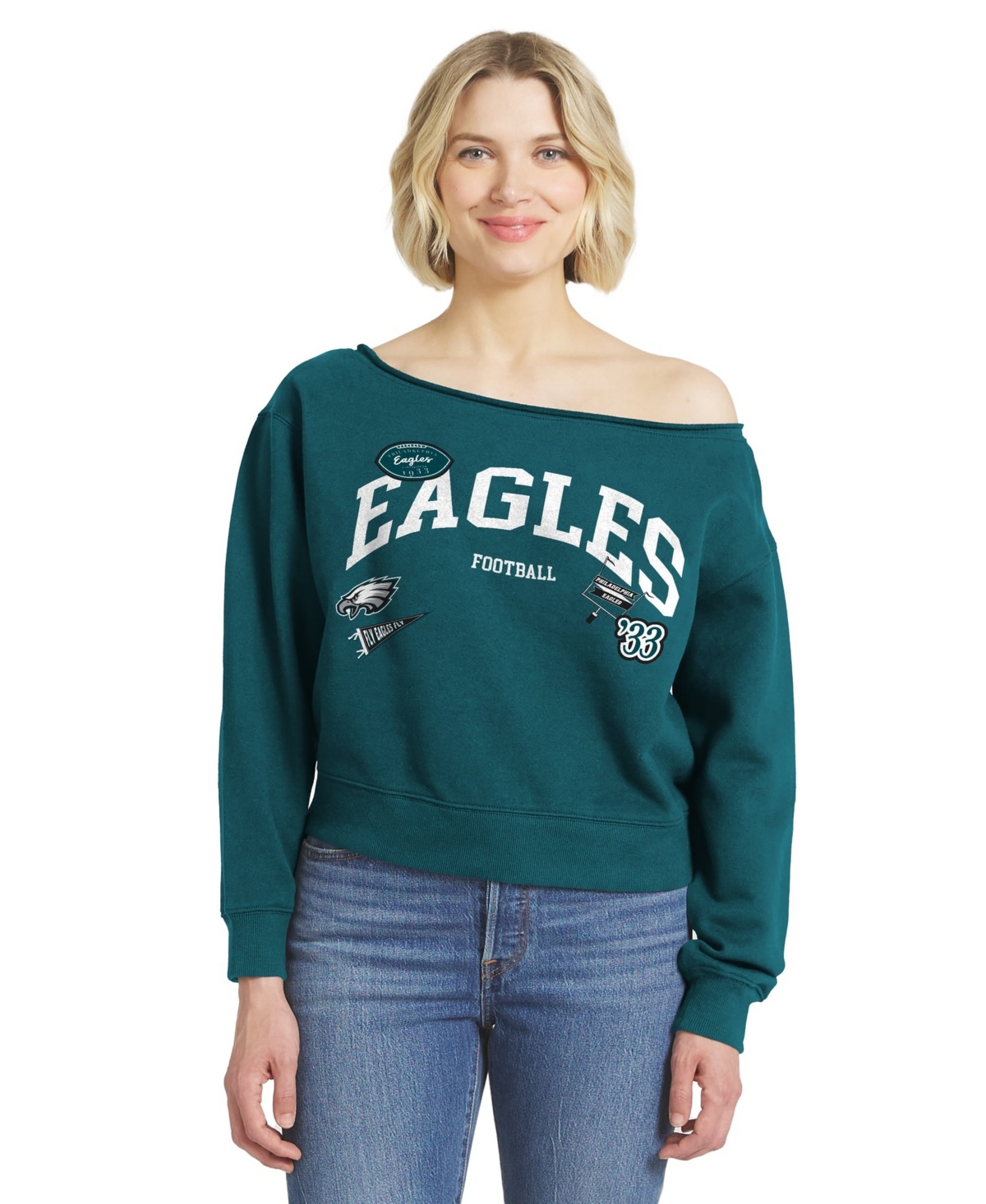 Wear by Erin Andrews Women's Philadelphia Eagles Off-the-Shoulder Screen-Print Fleece-Lined Sweatshirt - Midnight Green