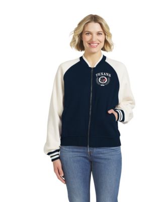 Women's Navy Houston Texans Throwback Varsity Fleece Raglan Full-Zip Jacket