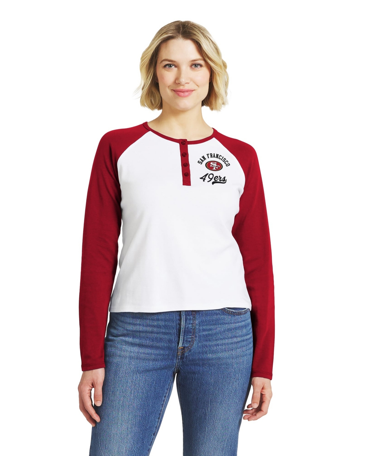 Wear by Erin Andrews Women's San Francisco 49ers Henley Long-Sleeve Raglan T-Shirt
