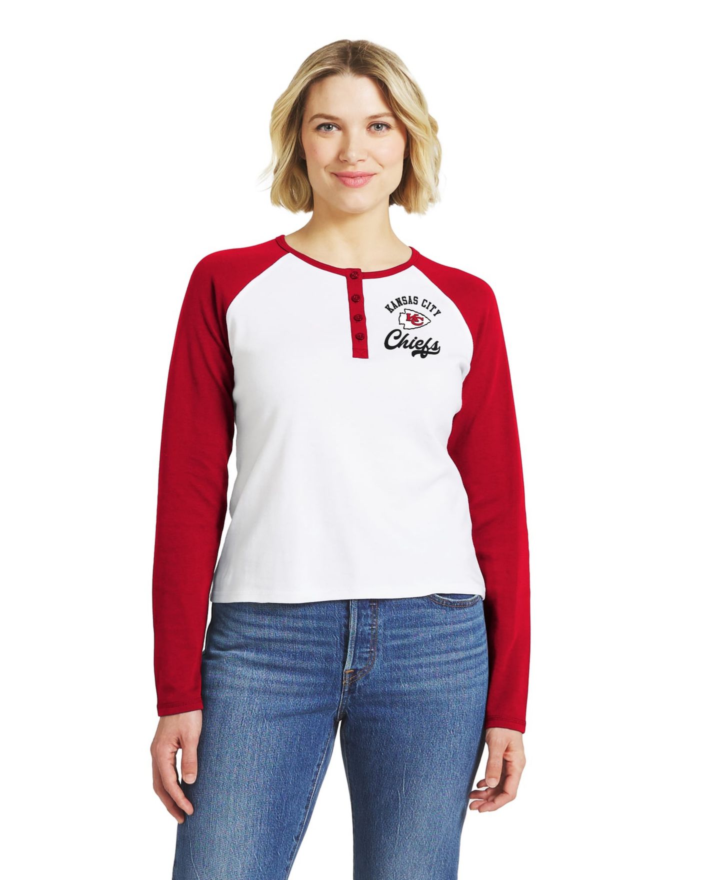 Женская футболка WEAR by Erin Andrews White/Red Kansas City Chiefs Henley Long Sleeve Raglan — фото 1
