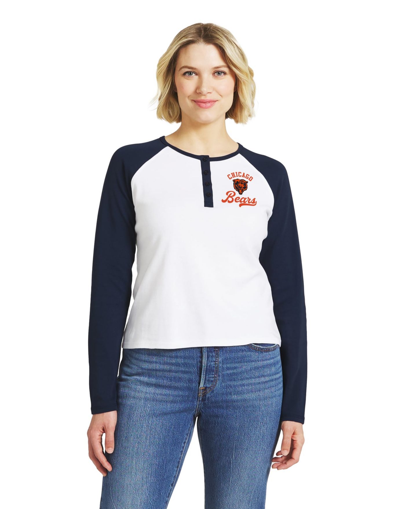 Женская футболка WEAR by Erin Andrews White/Navy Chicago Bears Henley Long Sleeve Raglan — фото 1