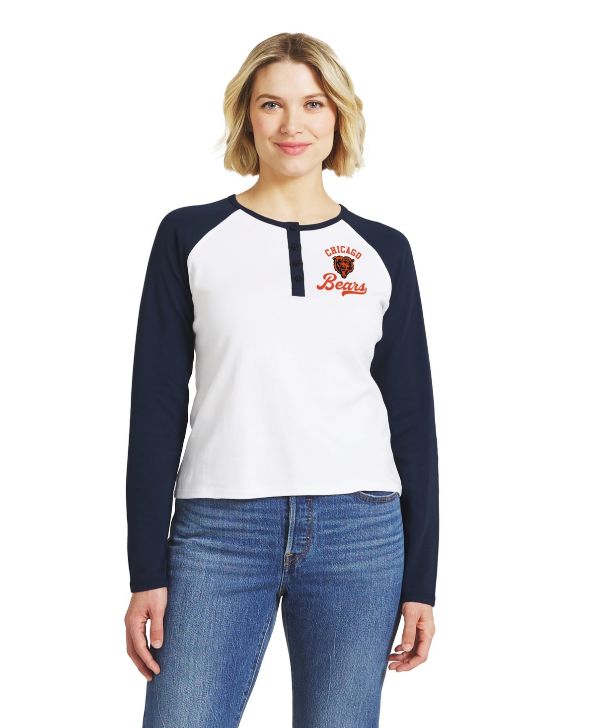 Women's WEAR by Erin Andrews  White/Navy Chicago Bears Henley Long Sleeve Raglan T-Shirt