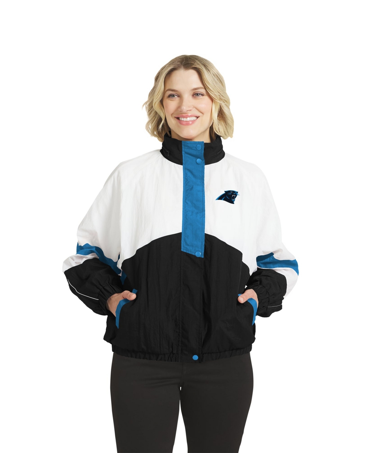 Wear by Erin Andrews Women's Carolina Panthers Hooded Full-Zip Mock Neck Windbreaker Jacket - White