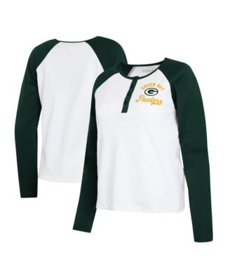 Women's  White/Green Green Bay Packers Plus Size Henley Long Sleeve Raglan T-Shirt