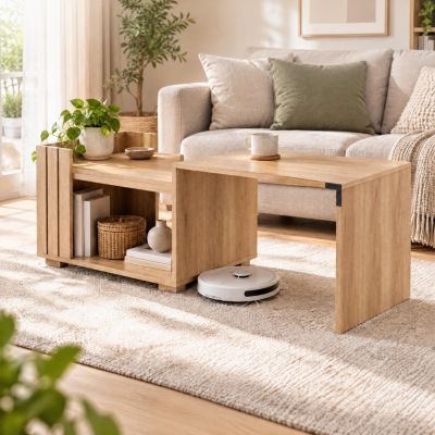 Expandable Coffee Table, 42.9" 2-Tier Open Storage Shelves & Metal Corner Brackets, Convertible Center Table for Living Room Bedroom