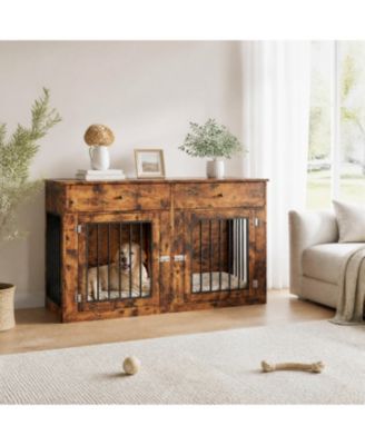 Farmhouse 60" Double Dog Crate Furniture with 2 Drawers and TV Stand - Wooden Kennel for Small/Medium Dogs, Multi-Functional End Table