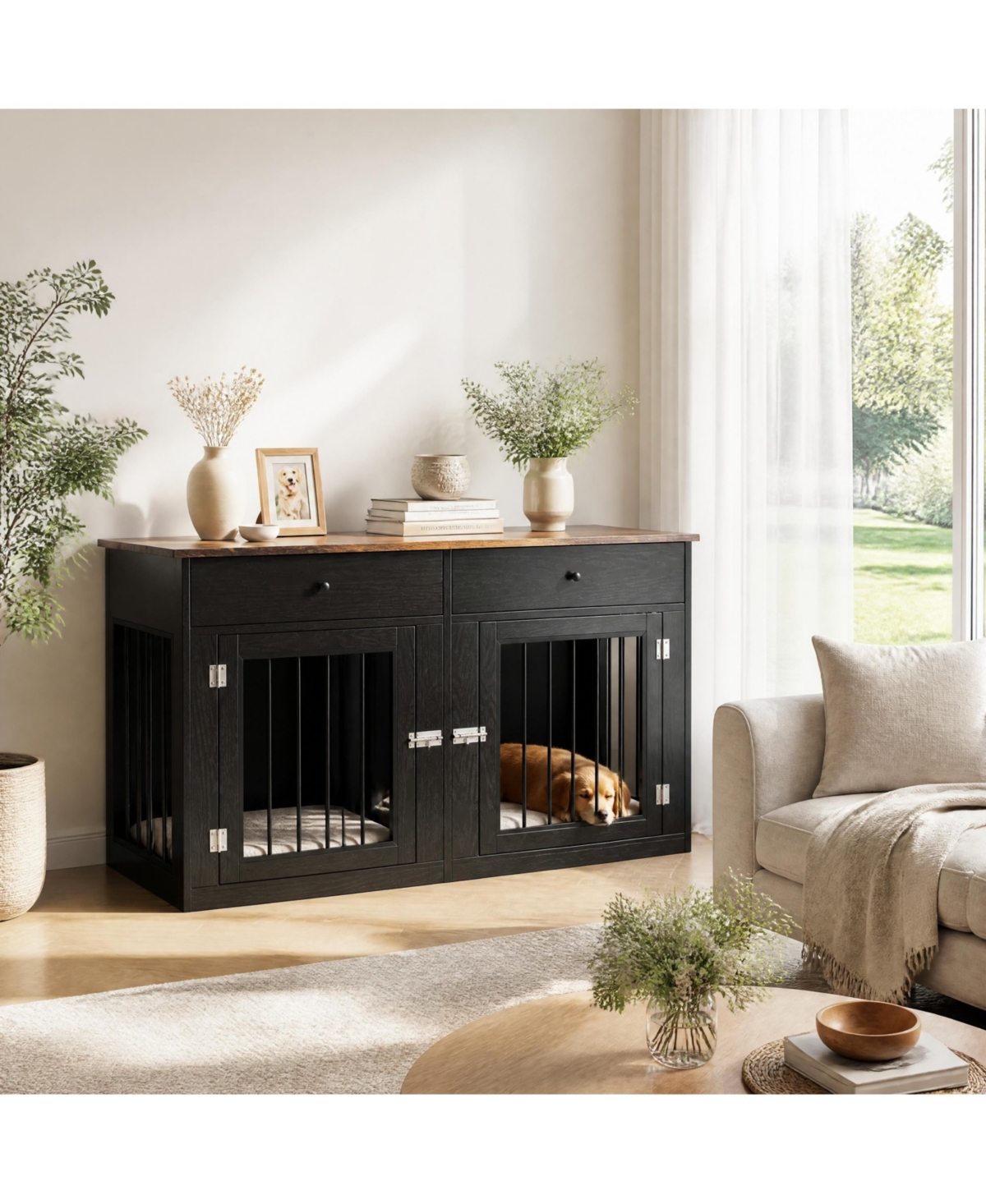Lalfpet Farmhouse 60" Double Dog Crate Furniture with 2 Drawers and Tv Stand - Wooden Kennel for Small/Medium Dogs, Multi-Functional End Table