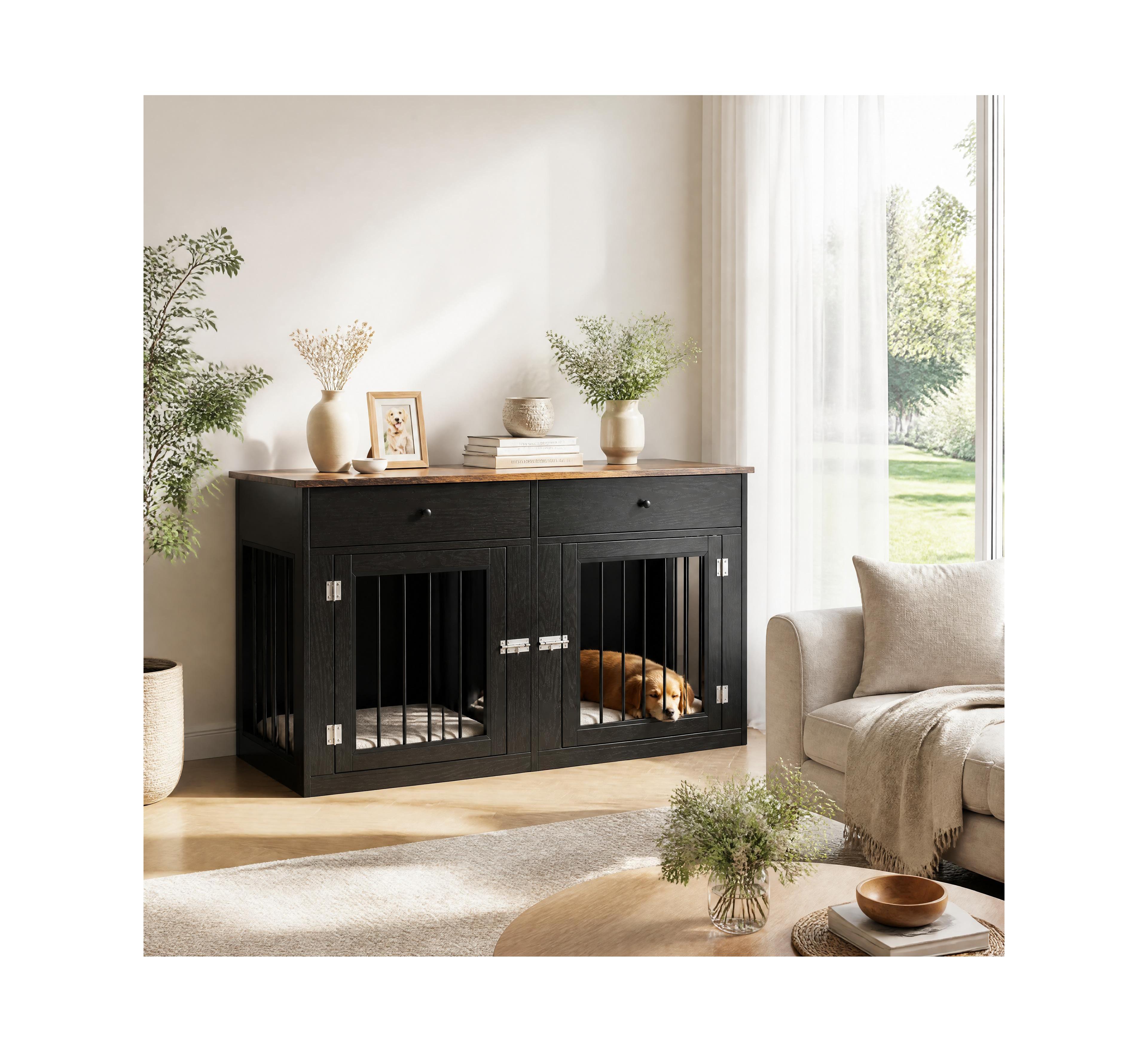 Lalfpet Farmhouse 60" Double Dog Crate Furniture with 2 Drawers and Tv Stand - Wooden Kennel for Small/Medium Dogs, Multi-Functional End Table