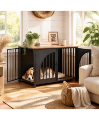 Metal Dog Crate Furniture with Locking Arched Door and MDF Panels - Modern Indoor Kennel Doubles as End Table for Medium Dogs, Living Room Bedroom