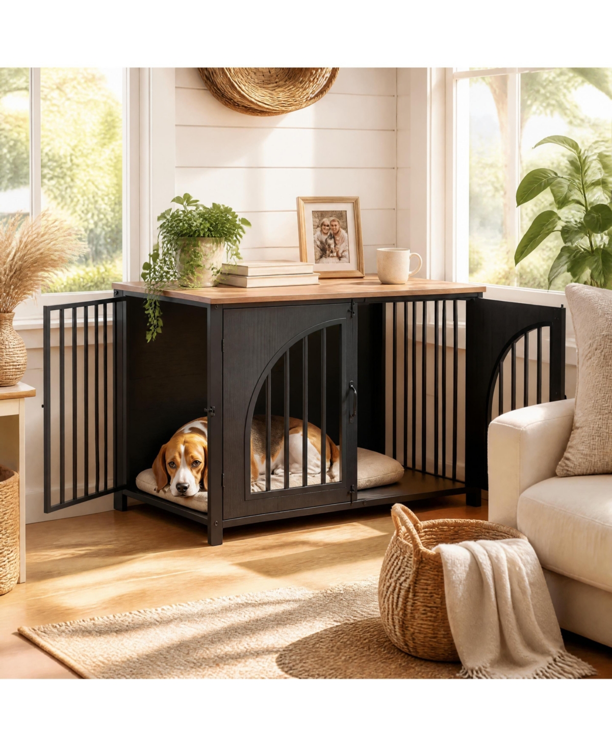 Metal Dog Crate Furniture with Locking Arched Door and Mdf Panels