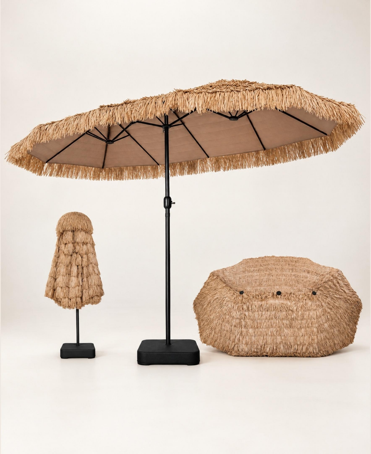 15 x 9 Ft Solar Double-Sided Patio Umbrella with Base for Garden Bar - Natural