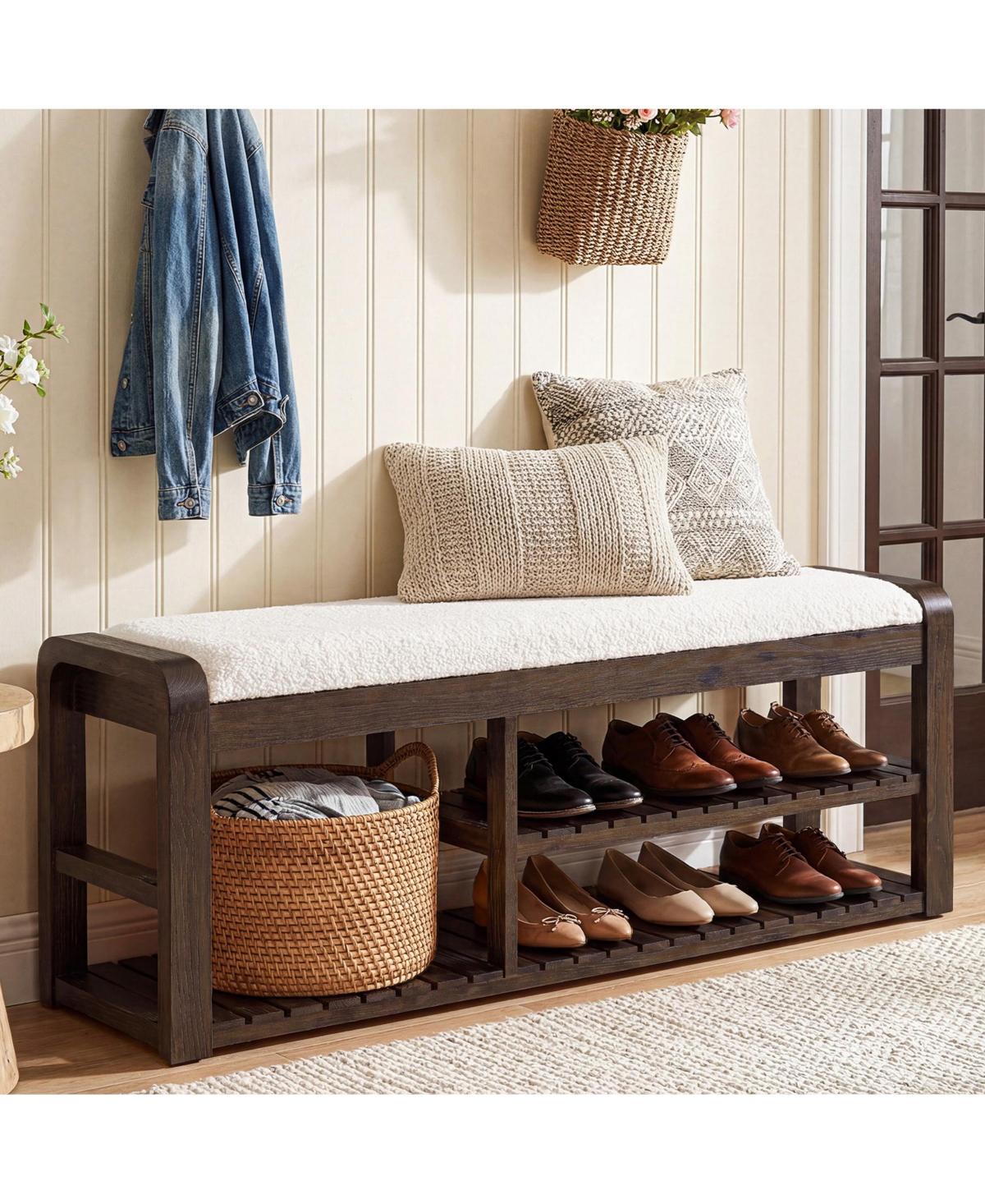 Tribesigns 55" Shoe Storage Bench with Removable Cushion, 2-Tier Farmhouse Solid Wood Entryway Rack, End of Bed Upholstered