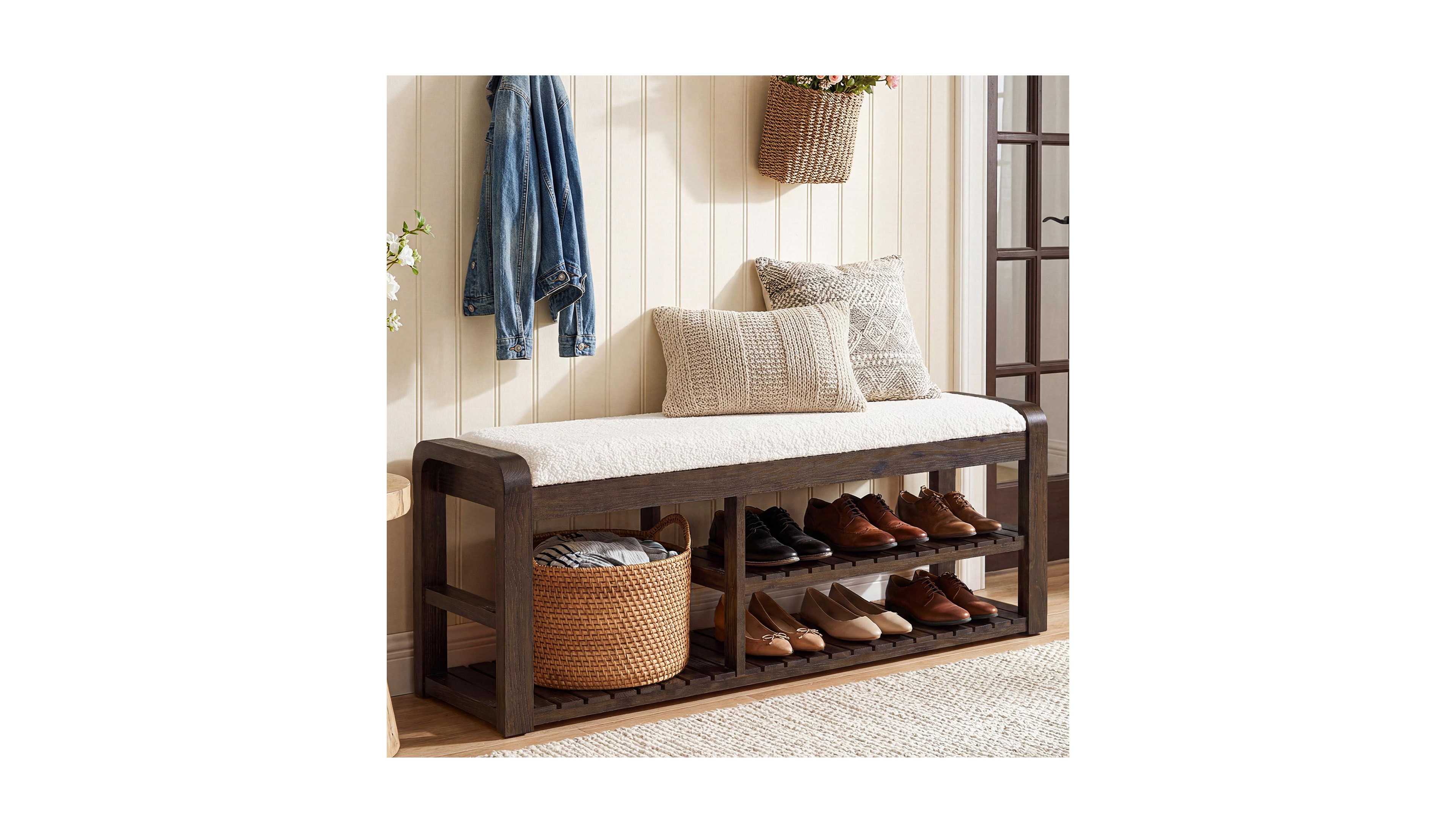 Tribesigns 55" Shoe Storage Bench with Removable Cushion, 2-Tier Farmhouse Solid Wood Entryway Rack, End of Bed Upholstered