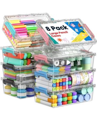 8 Pack Clear Plastic Pencil Box Set Stackable Art Supply Organizer with Snap Lid