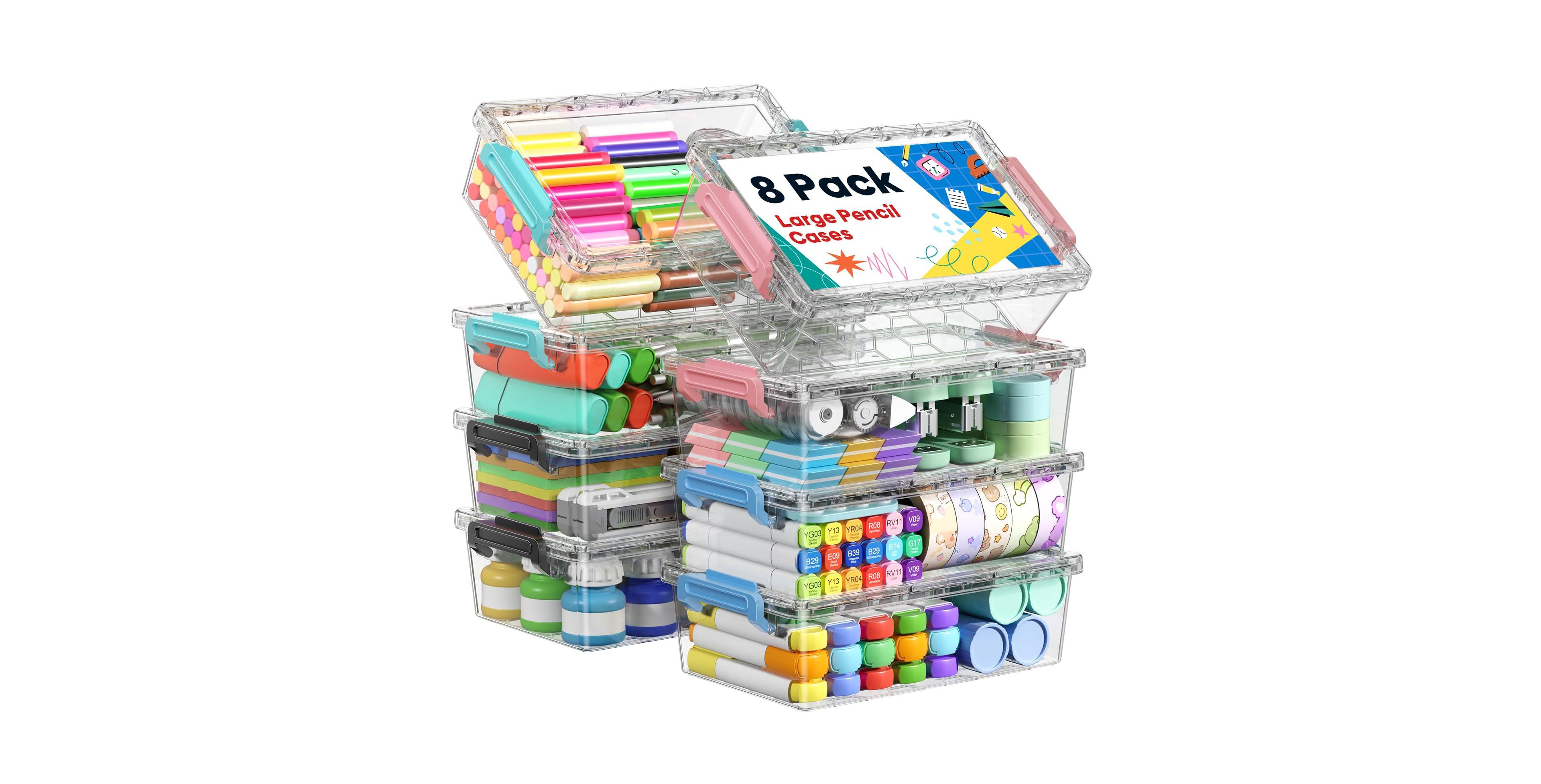 Aeelike 8 Pack Clear Plastic Pencil Box Set Stackable Art Supply Organizer with Snap Lid