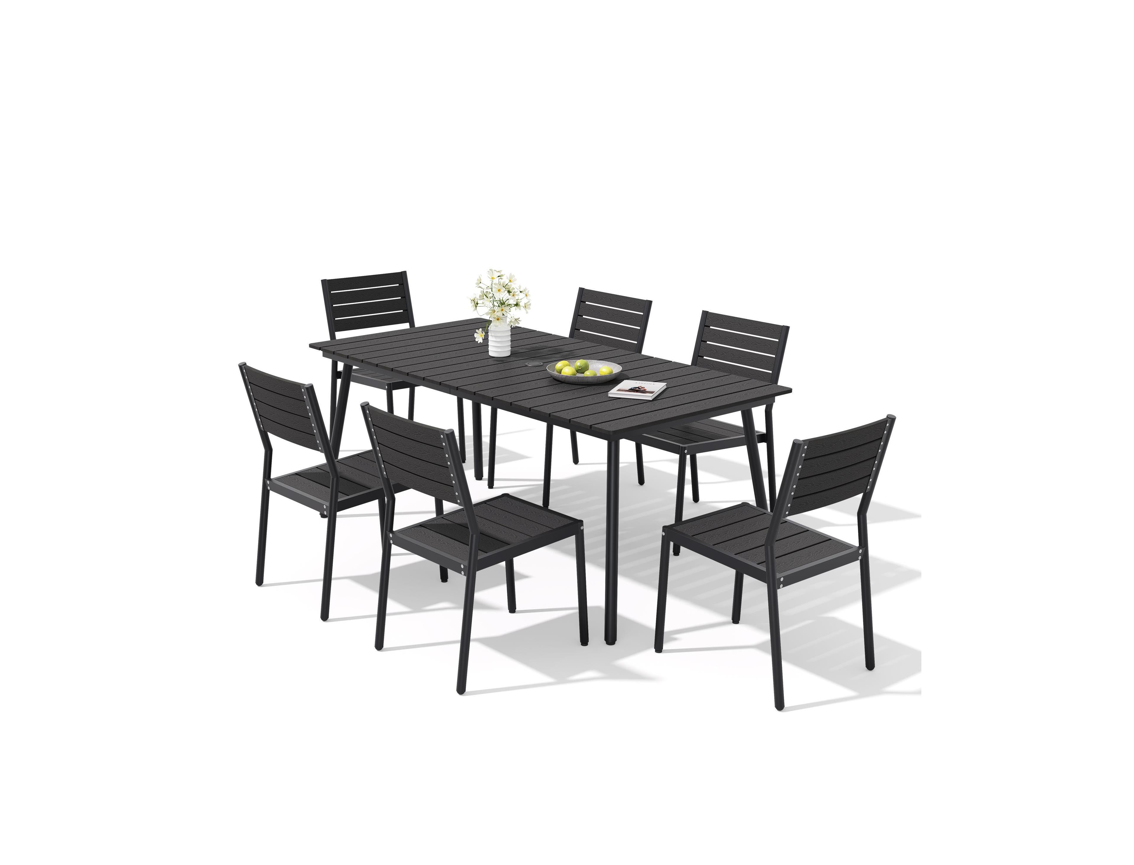 Pellebant 7-Piece Outdoor Dining Set Stackable Chairs and Aluminum Table with Umbrella Hole for Deck, Porch Backyard