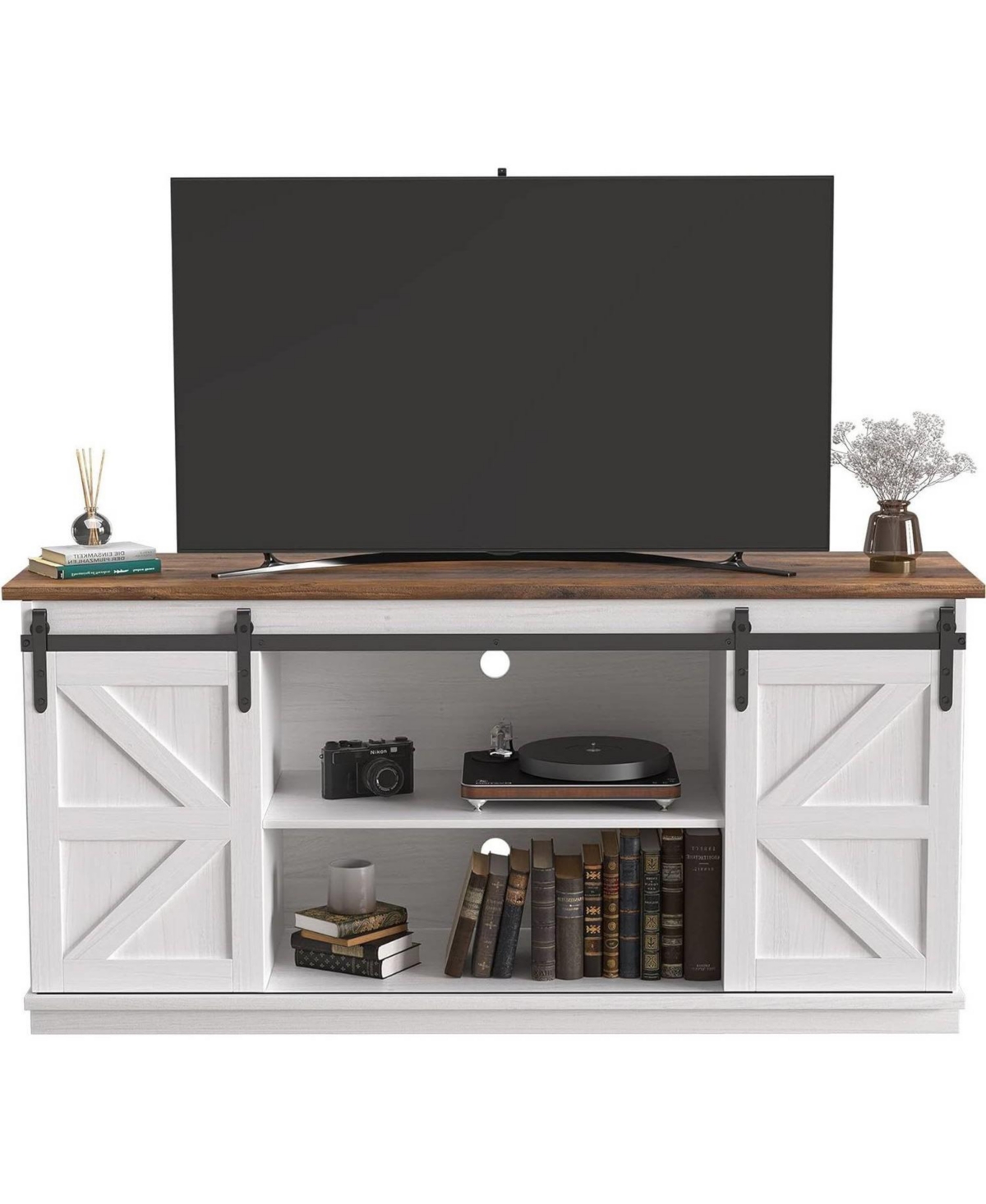 Slickblue Wood Tv Stand with Sliding Barn Doors for 65-Inch TVs