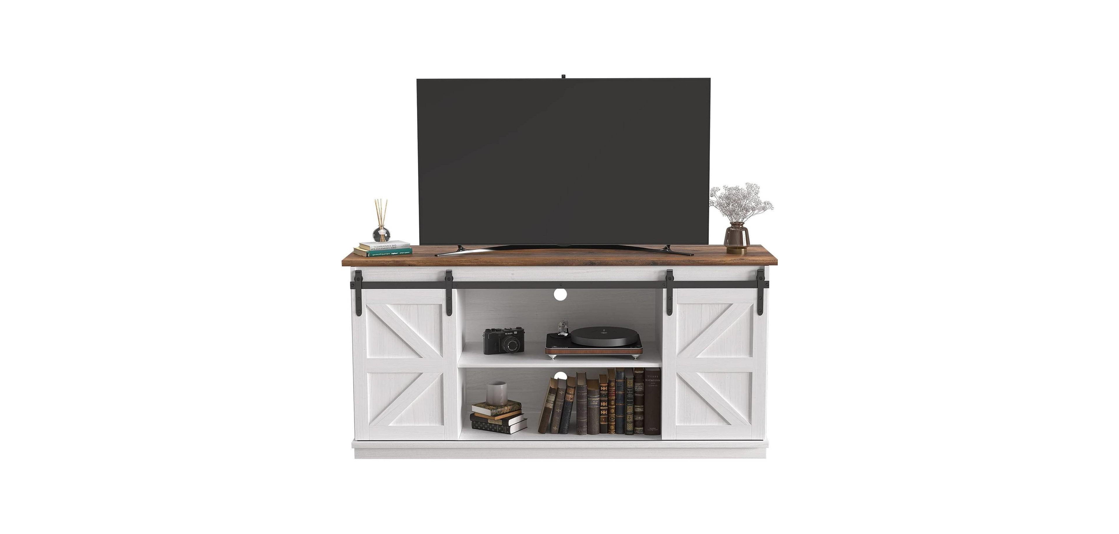 Slickblue Wood Tv Stand with Sliding Barn Doors for 65-Inch TVs