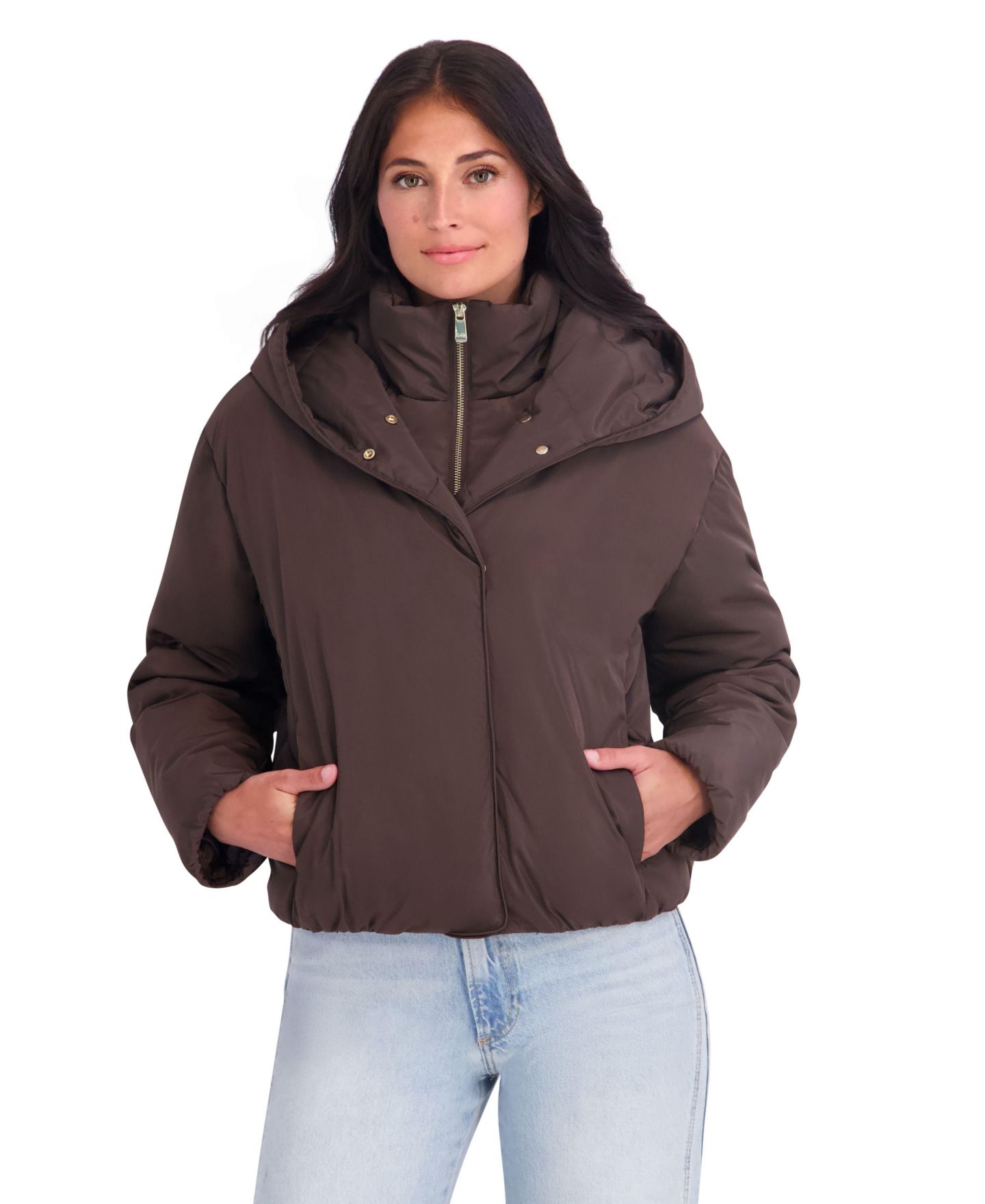 Женская куртка Kensie Memory Fabric Puffer With Attached Hood And Stand Collar, цвет: Шоколадный — фото 17