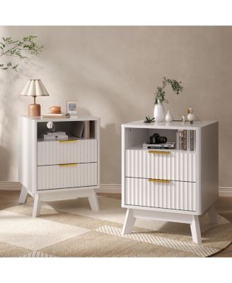 2 Pack 18" Modern Fluted Nightstand with Charging Station, Curved Profile Side Table with 2 Drawers, Bedside End Table for Bedroom