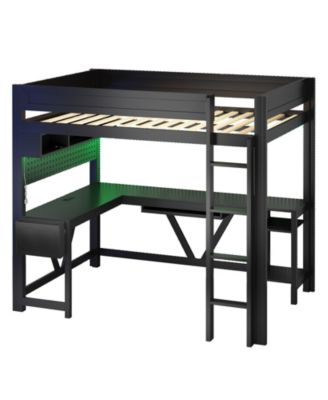 Wood Full Size Gaming Loft Bed with Desk Storage Shelves LED and Charging Station