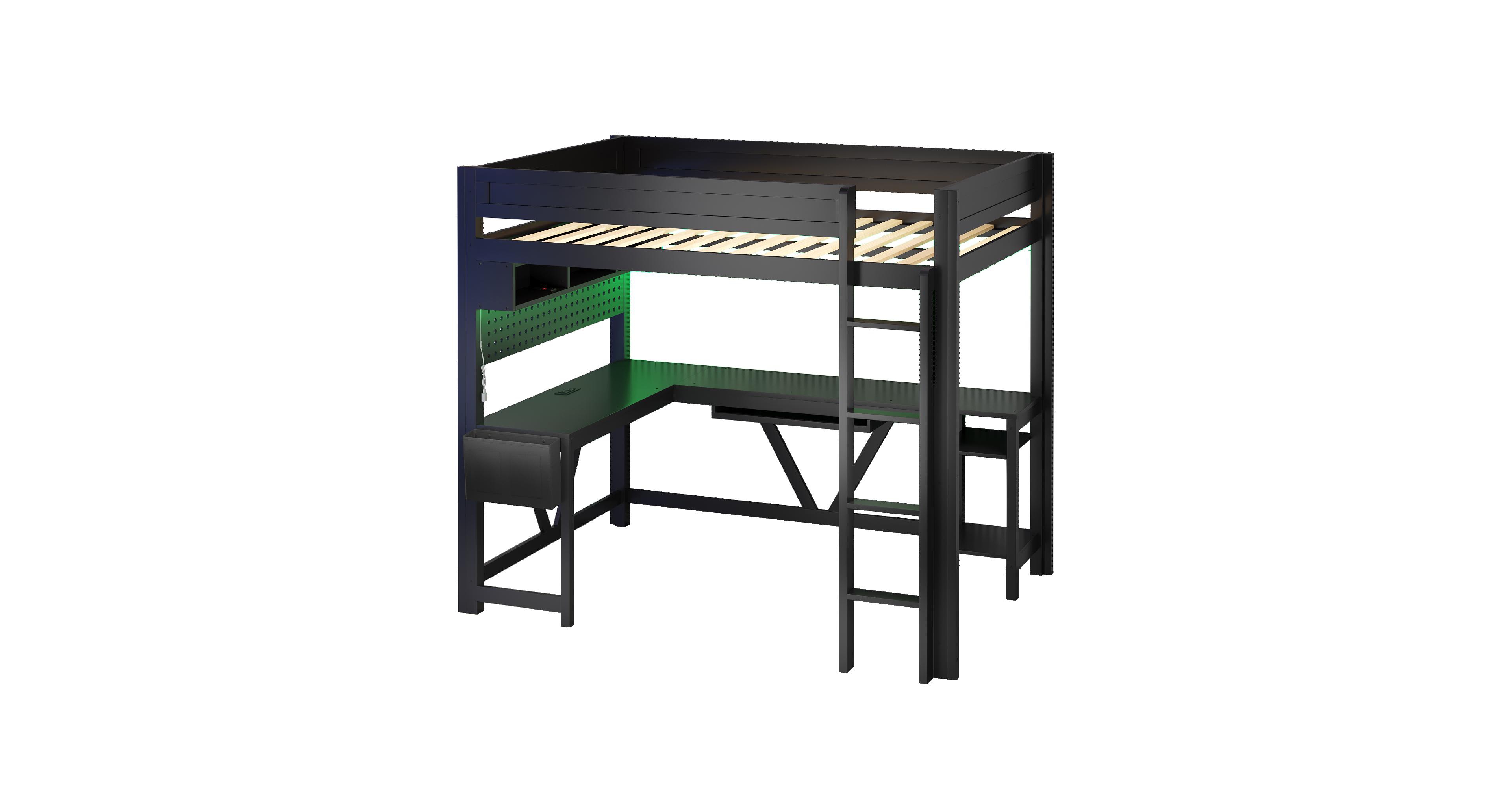 Full Metal Loft Bed with Desk and Shelves, Loft Bed with Ladder and Guardrails, Loft Bed Frame for Bedroom, Black with Vintage wood-colored Desk