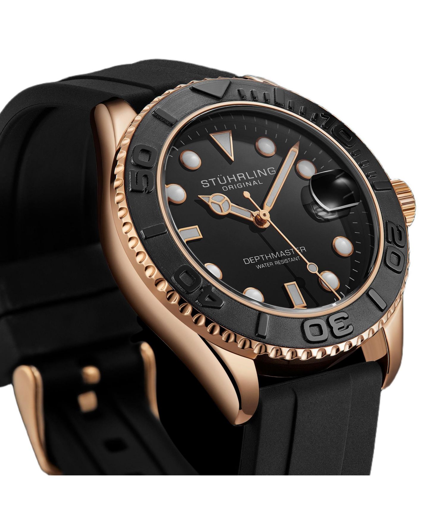 Мужские кварцевые часы Stuhrling Depthmaster 4072 для дайвинга, 42 мм, розовое золото, цвет: Розовый — фото 5