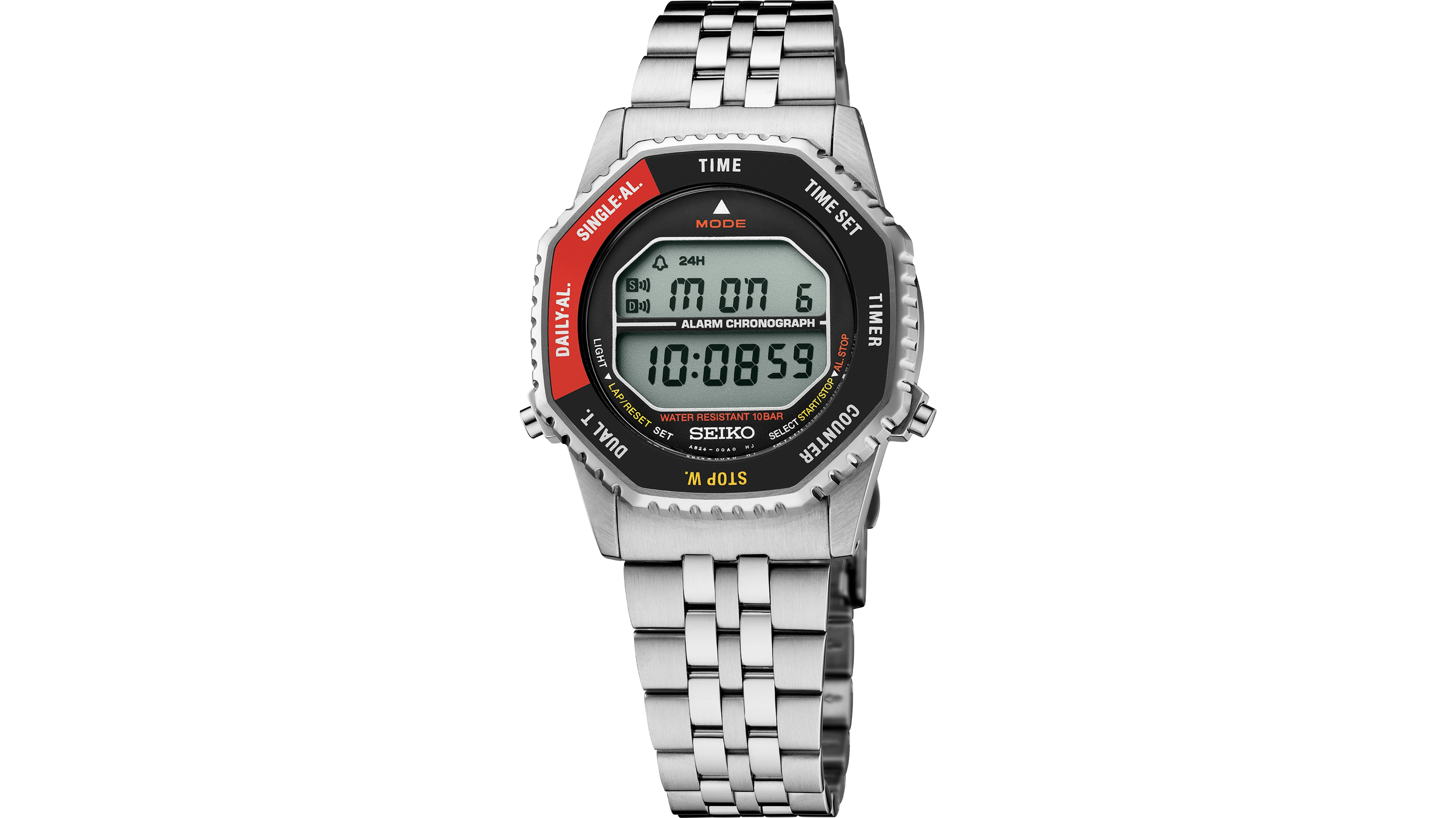 Seiko Men's Digital Retro Rotocall Silver-Tone Stainless Steel Watch 37mm