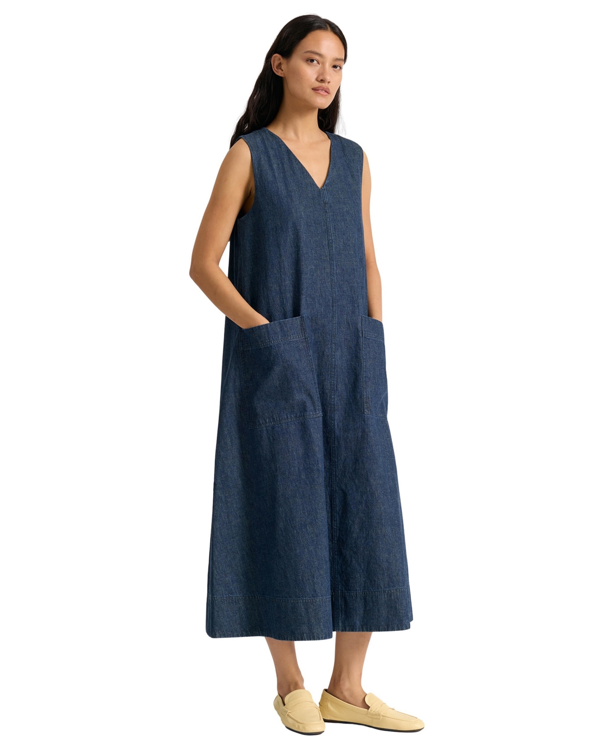 Albaray Women's V-Neck A-Line Midi Denim Dress