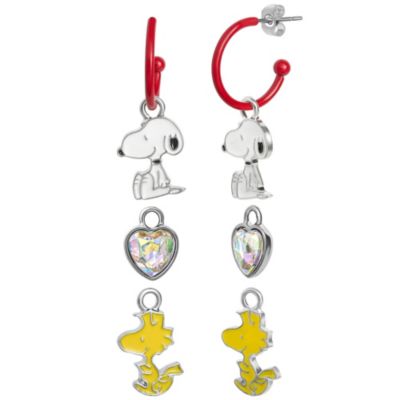 Silver-Tone Crystal Heart Snoopy Hoop Earrings with Interchangeable Dangle Charms, Set