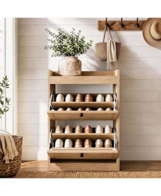 Wooden Shoe Cabinet with 2 Flip Drawers Narrow Shoe Rack Cabinet Large Hidden Shoe Organizer Cabinet for Studio Apartment Entryway/Hallway