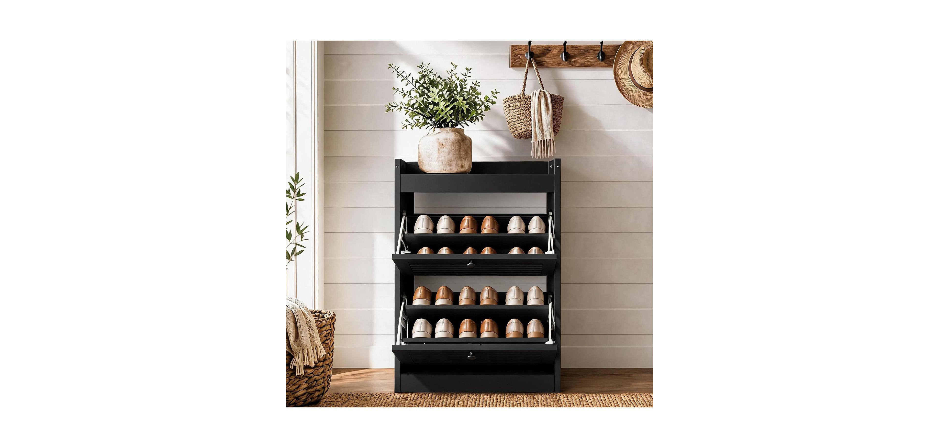 Gaomon Wooden Shoe Cabinet with 2 Flip Drawers Narrow Rack Large Hidden Organizer for Studio Apartment Entryway/Hallway