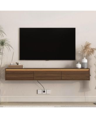 Wall Mount Floating High Gloss TV Cabinet with Touch LED Light Strip and Cable Holes for Living Room