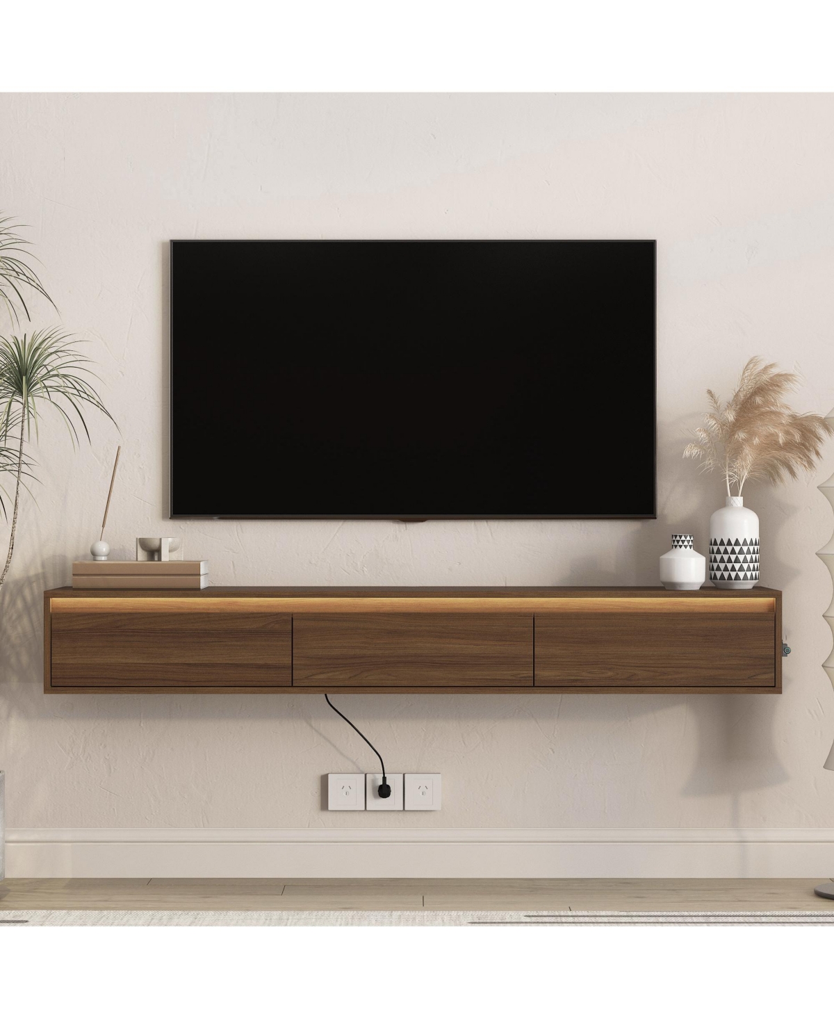 Flynama Wall Mount Floating High Gloss Tv Cabinet with Touch Led Light Strip and Cable Holes for Living Room