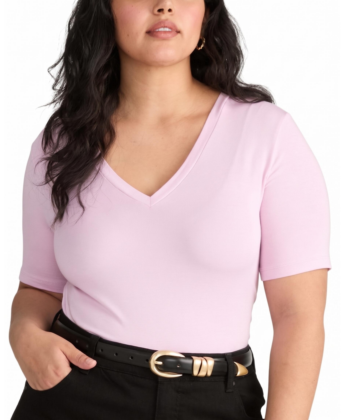 Universal Standard Plus Size Cloud Rib Slim-Fit Ribbed V-Neck Short-Sleeve Tee - Pink dreams