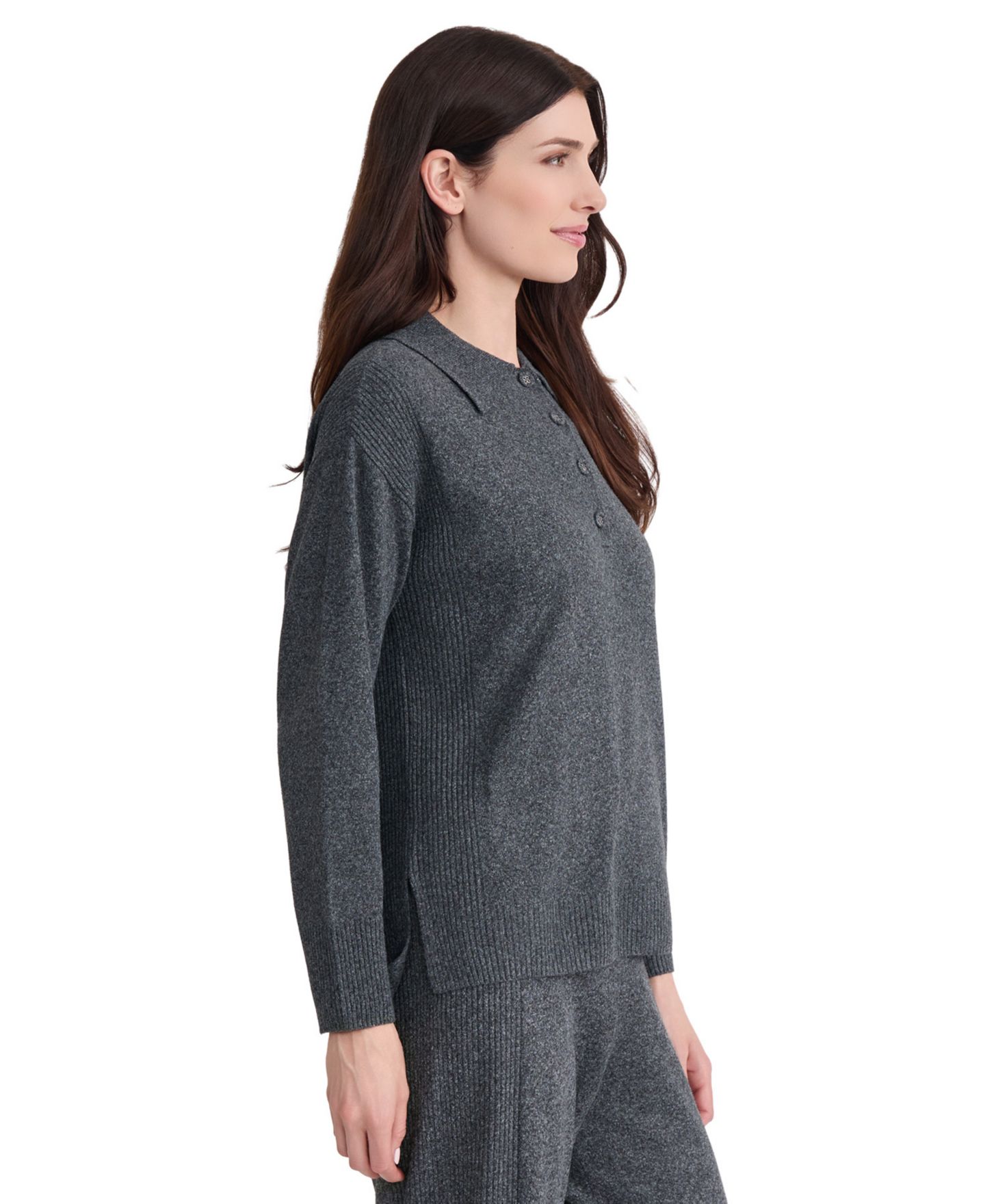 Женский свитер Jones New York Long-Sleeve Polo Pullover Top, цвет: Тёмный меланжевый — фото 3