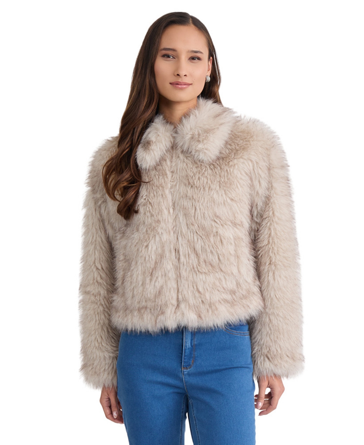 Jones New York Women's Zip-Front Faux Fur Long-Sleeve Jacket - White Sand Multi