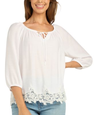 Juniors' Scoop Neck 3/4-Sleeve Lace-Trim Blouse