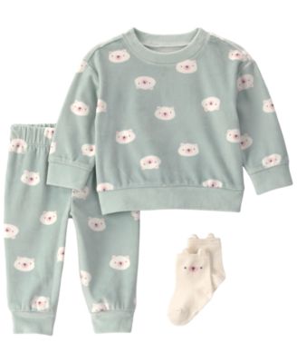 Baby Girls' Long-Sleeve Bear-Print Top, Pants, and Socks, 3-Piece Set