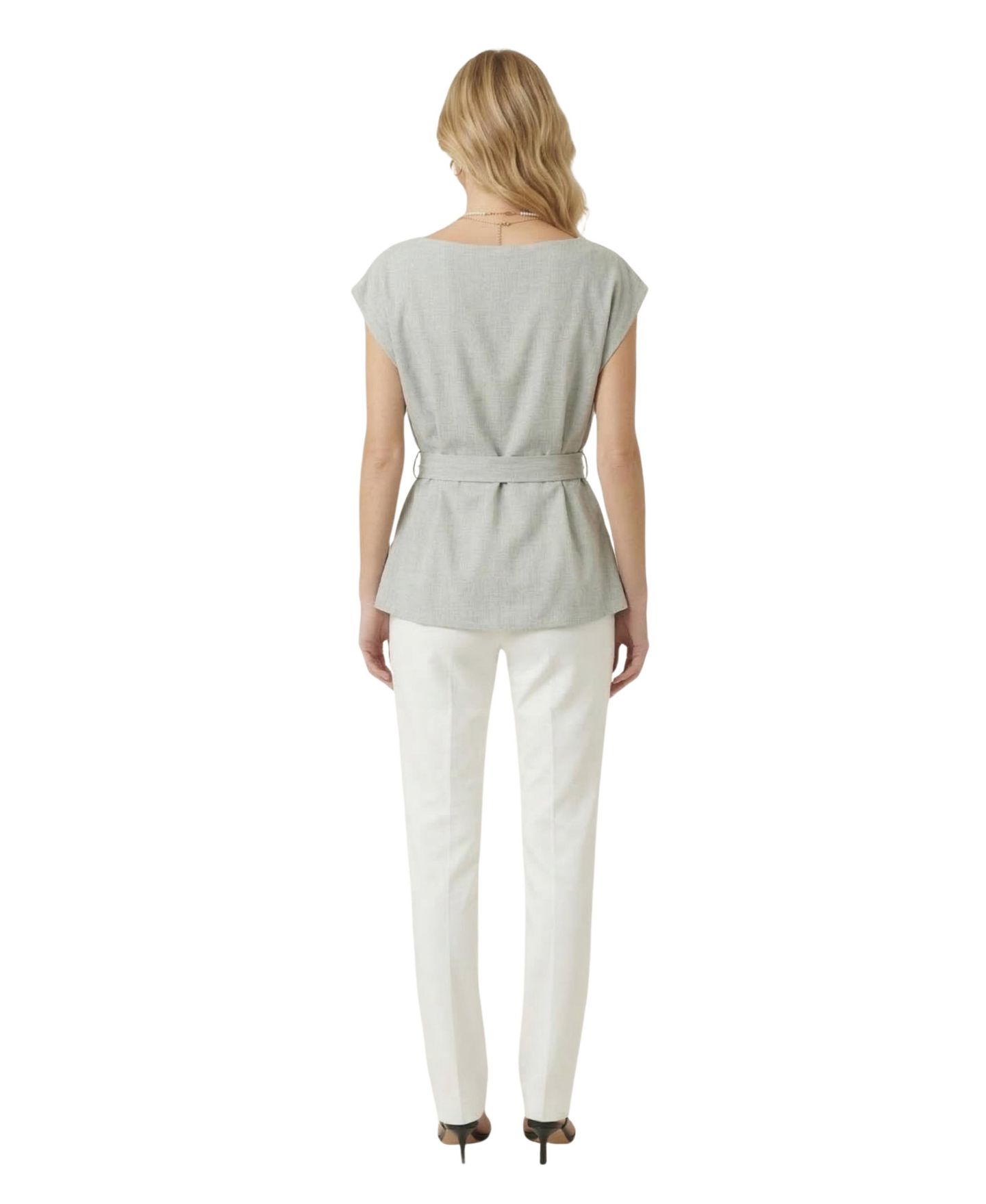 Женский топ Modenaire Draped-Neck Cap-Sleeve Self-Tie Waist, цвет: Светлый шалфейный серый — фото 4
