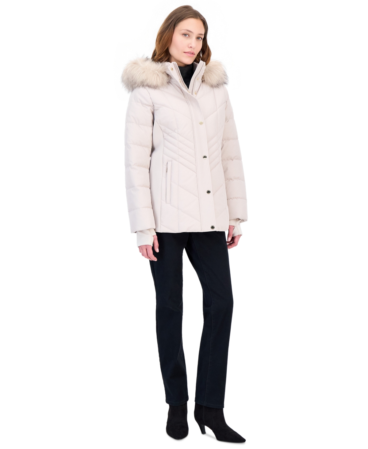 Michael Michael Kors Women's Faux-Fur-Trim Hooded Puffer Coat, Created for Macy's - Champagne