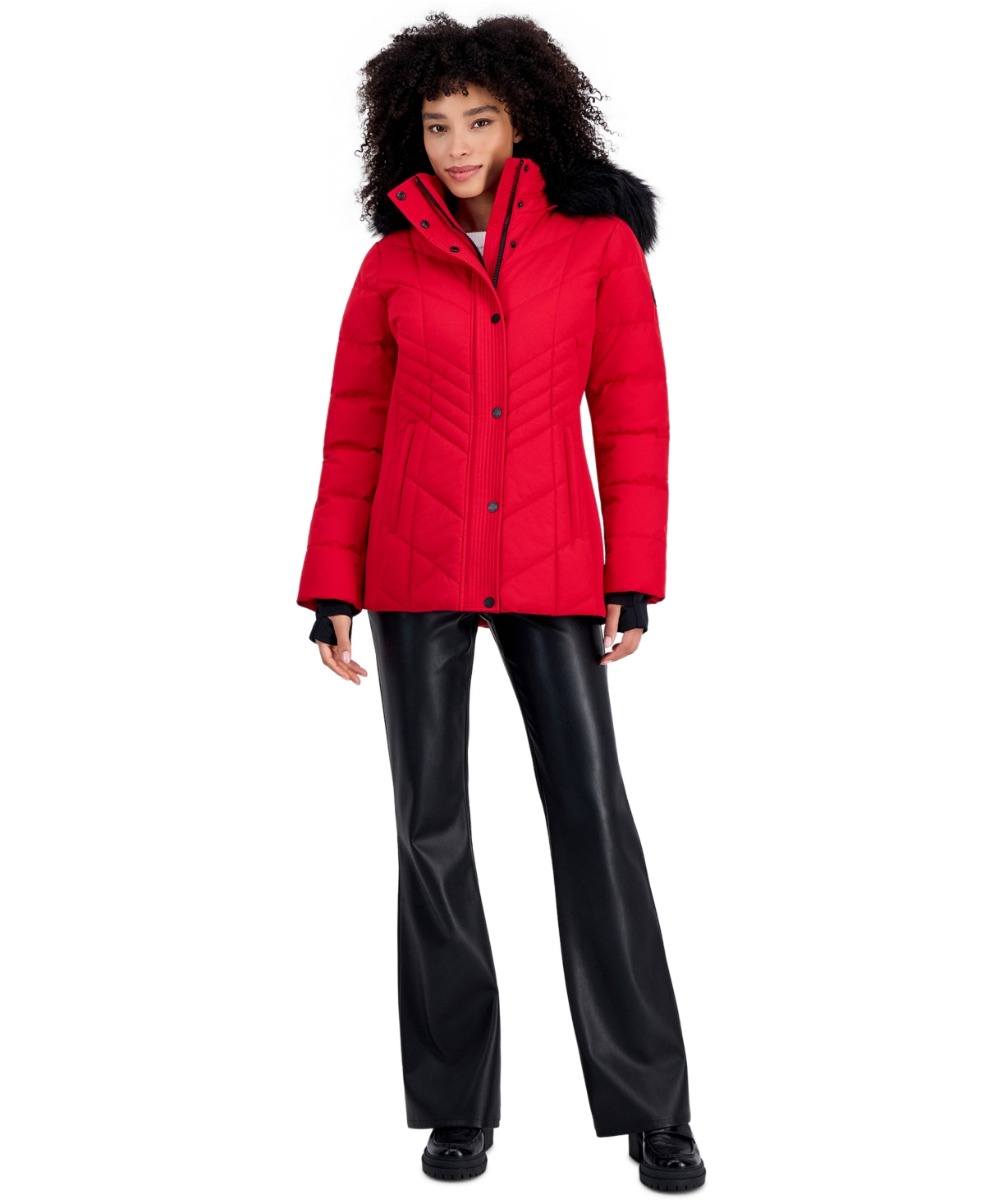 Michael Michael Kors Women's Faux-Fur-Trim Hooded Puffer Coat, Created for Macy's - Crimson