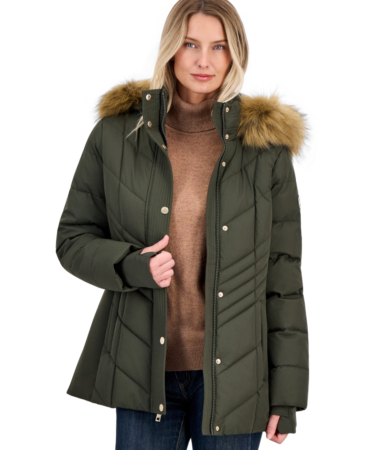 Michael Michael Kors Women's Faux-Fur-Trim Hooded Puffer Coat, Created for Macy's - Ivy