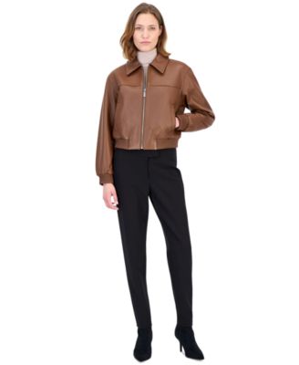 MICHAEL Women's Leather Zip-Up Bomber Jacket