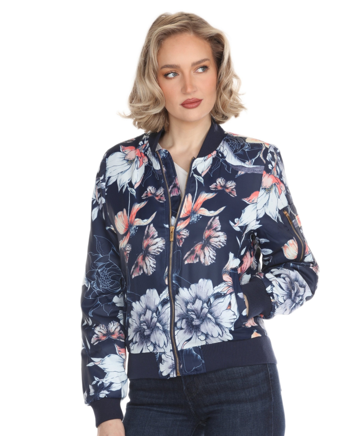 White Mark Women's Floral Lined Bomber Jacket - Navy
