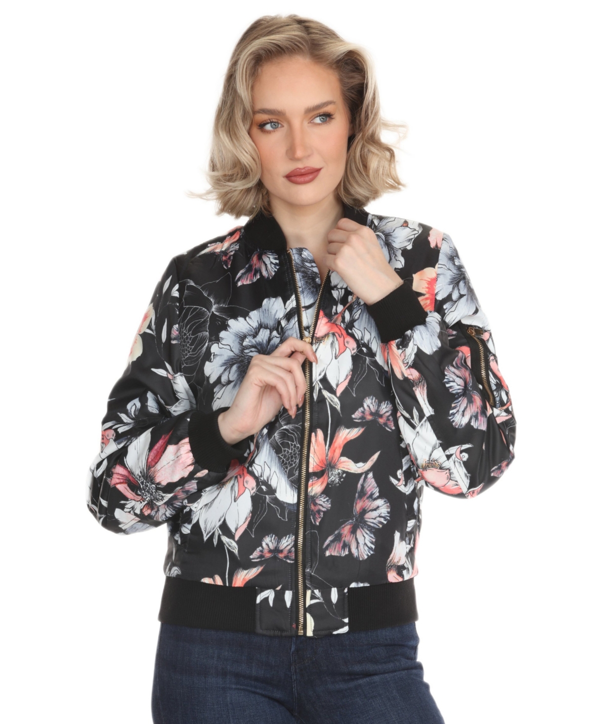 White Mark Women's Floral Lined Bomber Jacket